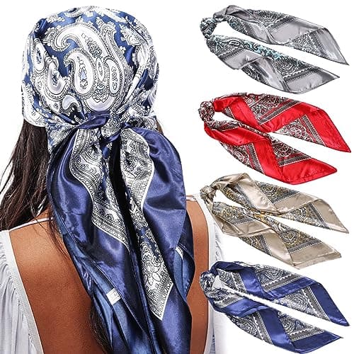AWAYTR Satin Large Square Head Scarves - 4PCS Silk Like Neck Scarf Hair Sleeping Wraps Lightweight for Women (Cashew patterns)