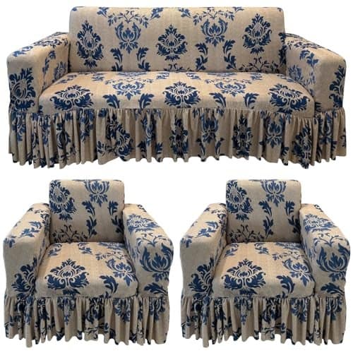 Gifts Island® Sofa Cover 5 Seater Fully Covered Universal Polycotton Spandex Sofa Cover with 360° Frill Non-Slip Sticky Elastic Stretchable Sofa Set Slipcover for (3+1+1 Seater), Beige Damask