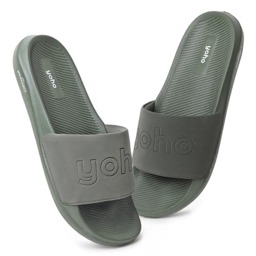 YOHO Oura Sliders for Men | Feather-Light EVA Sole | Durable PU Upper | Soft Lycra Lining | Cushioned Everyday Wear | Minimal Branding | Water-Resistant Design | Olive Green - UK 8
