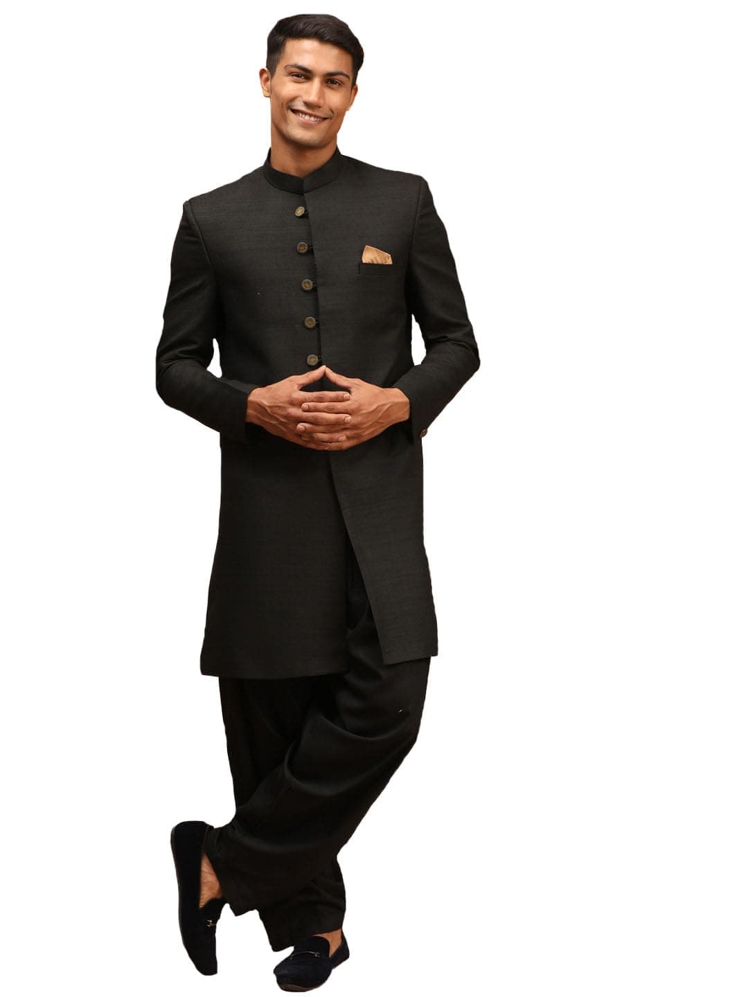VASTRAMAY Men's Black Silk Blend Sherwani Set-MK5_VASMIW032BLnPTYBL_36
