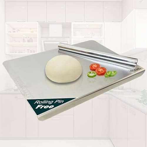 Large Stainless Steel Chopping Board for Kitchen Countertop | Easy-Clean, Odor-Free Metal Cutting Board for Vegetables & Fruits | Durable Prep Board | 41 x 31 cm | Includes Stainless Steel Rolling Pin