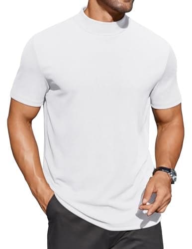 COOFANDY Mens Mock Neck Shirts Casual Short Sleeve Basic T-Shirts Regular Fit Pullover Tees, White, Medium