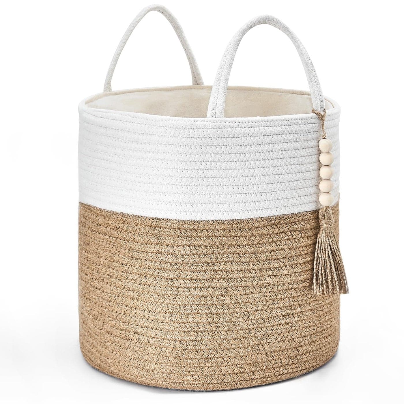 Mkono Woven Storage Basket Decorative Rope Basket Wooden Bead Decoration for BlanketsToysClothesShoesPlant Organizer Bin with Handles Living Room Home Decor 11 W x 11 LWhite and Yellow