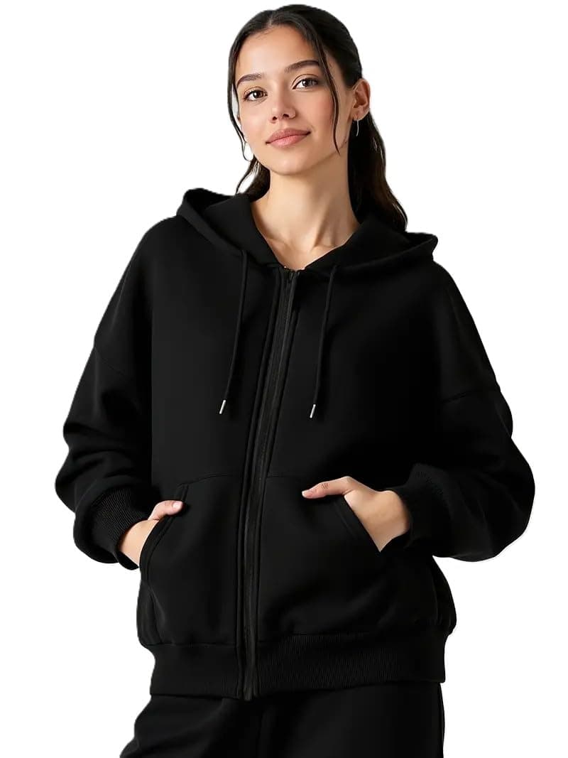 ADBUCKS Women's Oversized Winter Jacket Sweatshirts Casual Drawstring Clothes Zip Up Hoodie with Front Pocket Ii Womens Hoodies Ii (in, Alpha, 4XL, Black)