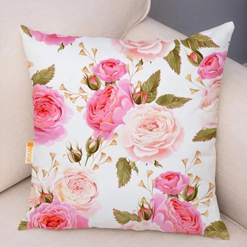 Urvaan Cream Velvet Floral Printed Cushion Covers, 16 x 16 Inch, Set of 5, Multicolour