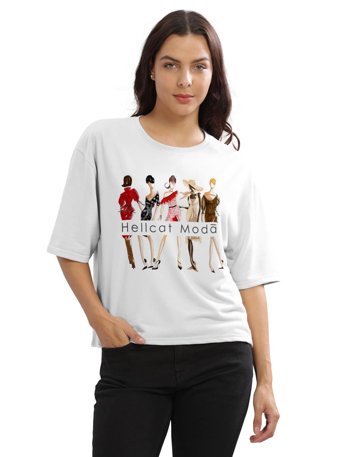 HELLCAT Cotton Blend White Printed Loose Fit Crew-Neck Crop T-Shirt for Women/White/Large