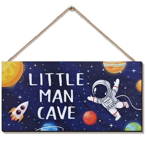 ZIEYOMI Little Man Cave Sign Space Boys Room Decor Astronaut Theme Bedroom Nursery Decor Hanging Wall Art Wooden Plaque Outer Space Decorations for Toddler Boys Room Kids Playroom