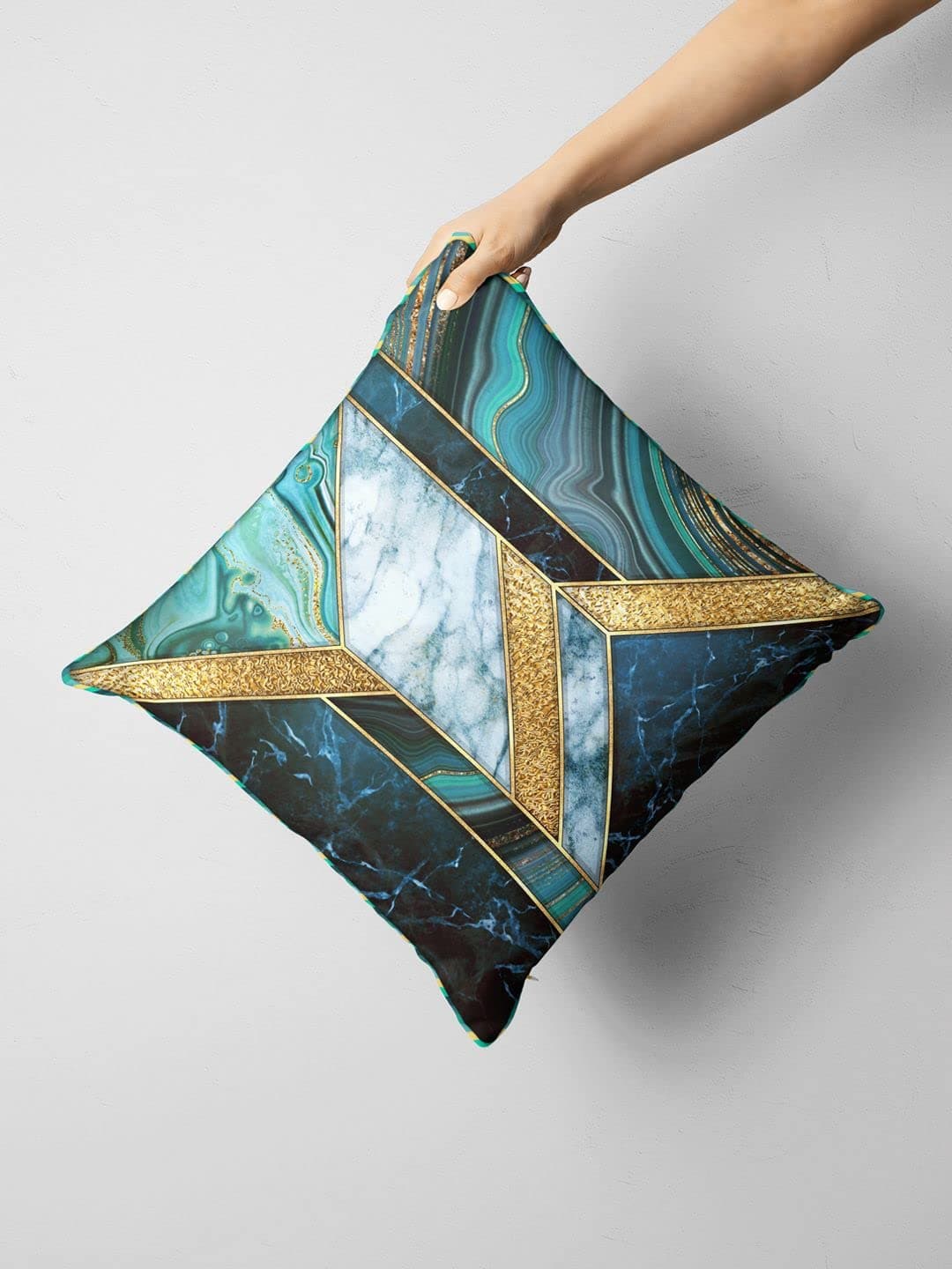 BIANCA Designer Reversible Printed Silk Linen Cushion Covers -1pc 16 X16 Size (Suzane) | with Contrast Front & Back Digital Print | - Hidden Zipper Geometric-Abstract-Teal/Gold