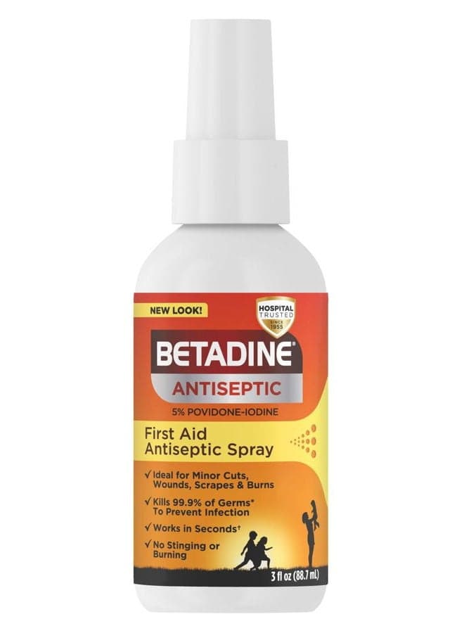 Antiseptic First Aid Spray, Povidone-iodine 5%, Infection Protection, Kills Germs In Minor Cuts Scrapes And Burns, No Sting Promise, No Alcohol or Hydrogen Peroxide, 3 FL OZ