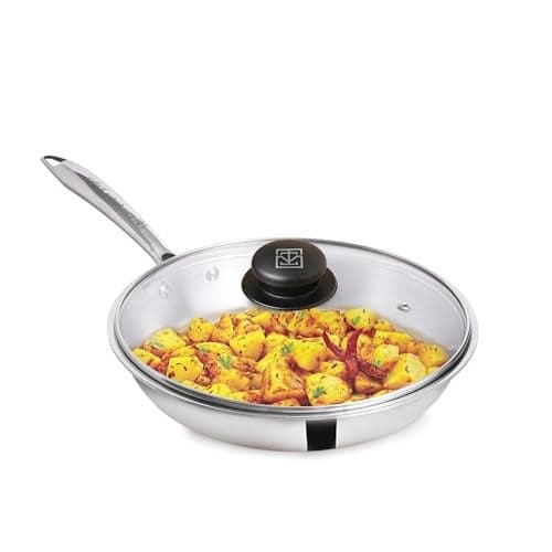 The Indus Valley Triply Stainless Steel Fry Pan with Glass Lid | Small, 22cm/8.7 inch, 1.5Ltr, 0.9kg | Induction Friendly | Nonstick 3-Layer Body, 100% Pure & Toxin-Free, No Chemical Coating