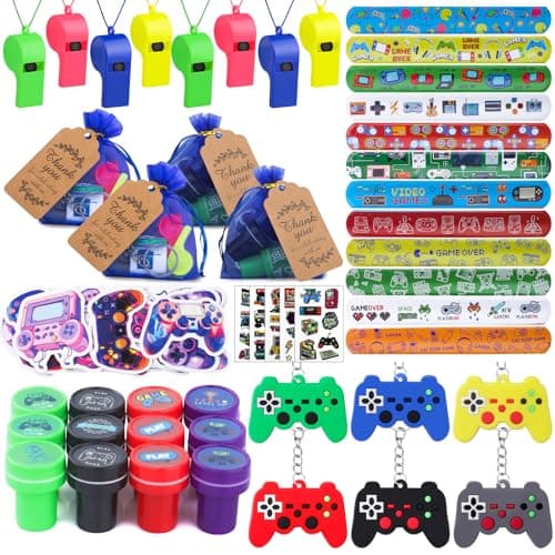 134 Pcs Video Game Party Favors Includes Video Game Slap Bracelet Keychain Stamper Whistle Mesh Bag Card Stickers Tattoos for Kids Gaming Party Favors Birthday Goodie Bag Fillers