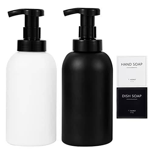 Foaming Hand Soap Dispenser Glass Jar Foam Dish Soap Dispenser for Bathroom and Kitchen Sink, Liquid Pump Bottle for Shampoo, Body Wash, Hand Soap, Black + White, 2 Pack