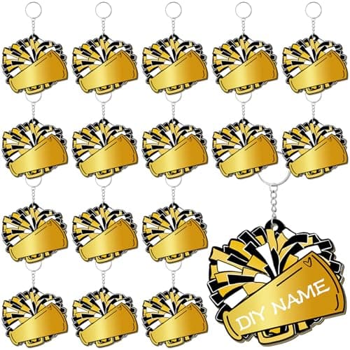 Tondiamo 20 Pcs Megaphone Cheer Keychain Bulk Cheer Gifts Cheerleader Pom Pom Bag Tag Cheerleader Acrylic Luggage Keychain Valentines Gift(Black Gold)