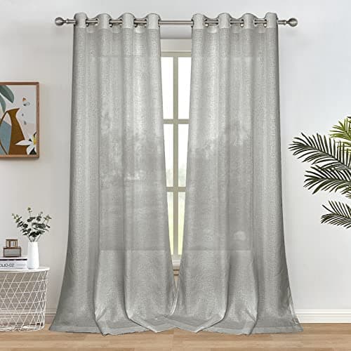 Melodieux Grey Semi Sheer Curtains 96 Inches Long for Living Room Linen Look Bedroom Grommet Top Voile Drapes 52 by 96 Inch 2 Panels