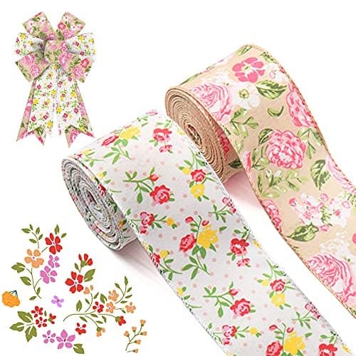 ALIBBON 2 Rolls 25 5 Yd Spring Flower Wired Edge Burlap Ribbons Red Yellow Pink Rose Flower Leaves for Spring Wreath DIY Crafting Gift Wrapping Party Decoration