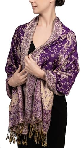 Achillea Soft Silky Reversible Paisley Pashmina Shawl Wrap Scarf w/Fringes (Purple)