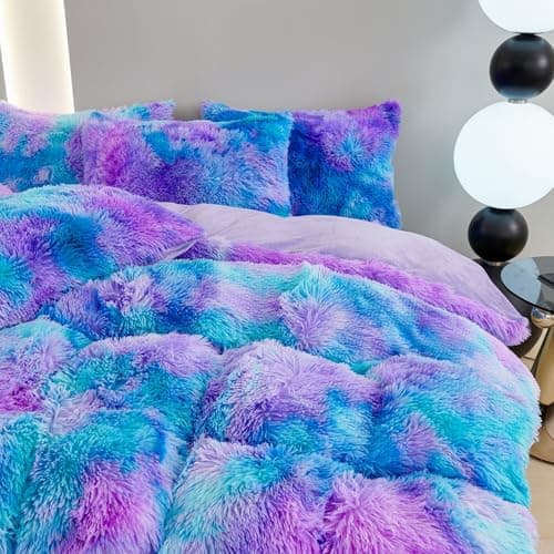 RYNGHIPY Shaggy Bedding Set for Girls Bluey Purple Tie Dye Faux Fur Duvet Cover Set Queen Size Fluffy Plush Velvet Comforter Cover Pillowcases (Blue Purple,Queen)