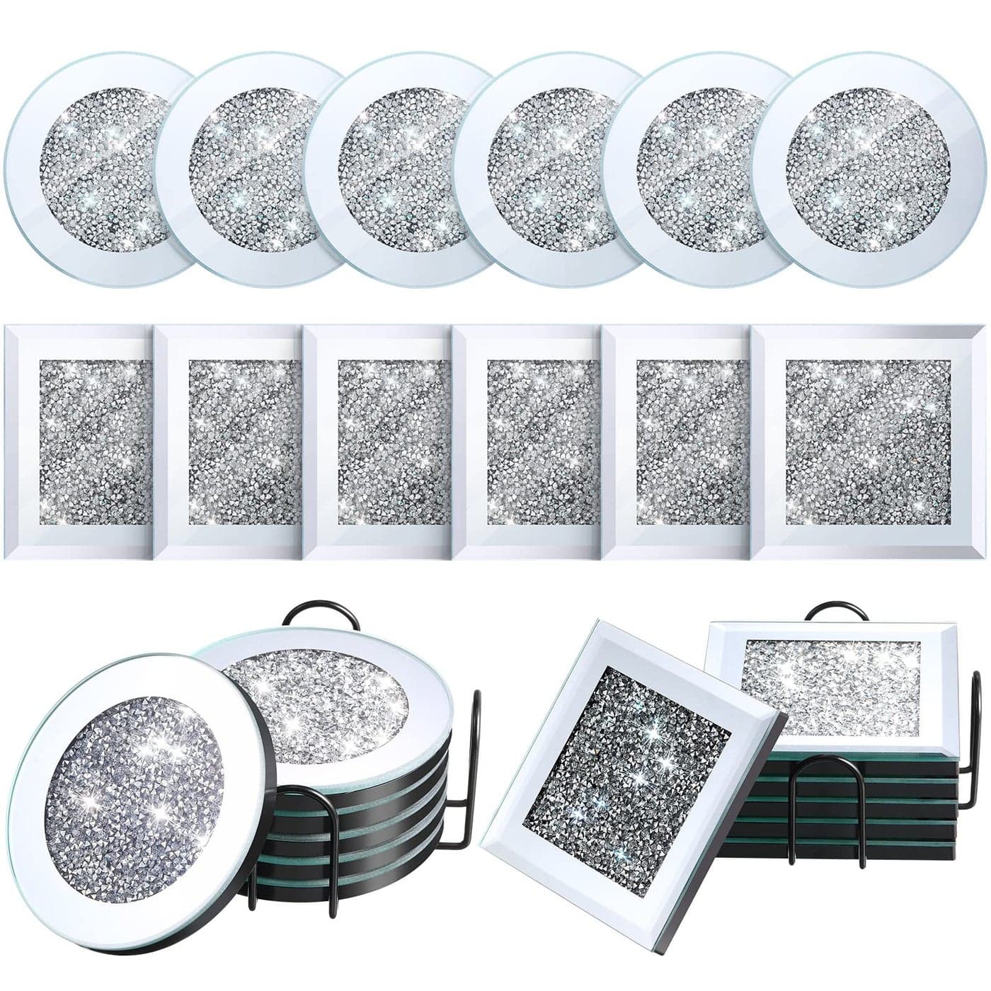 Mimorou 14 Pcs Crystal Coasters with Holder Set 2 Black Holder 12 Glass Mirrored Silver Round Square Diamond Coasters 4 Inch for Kitchen Dining Table Home Coffee