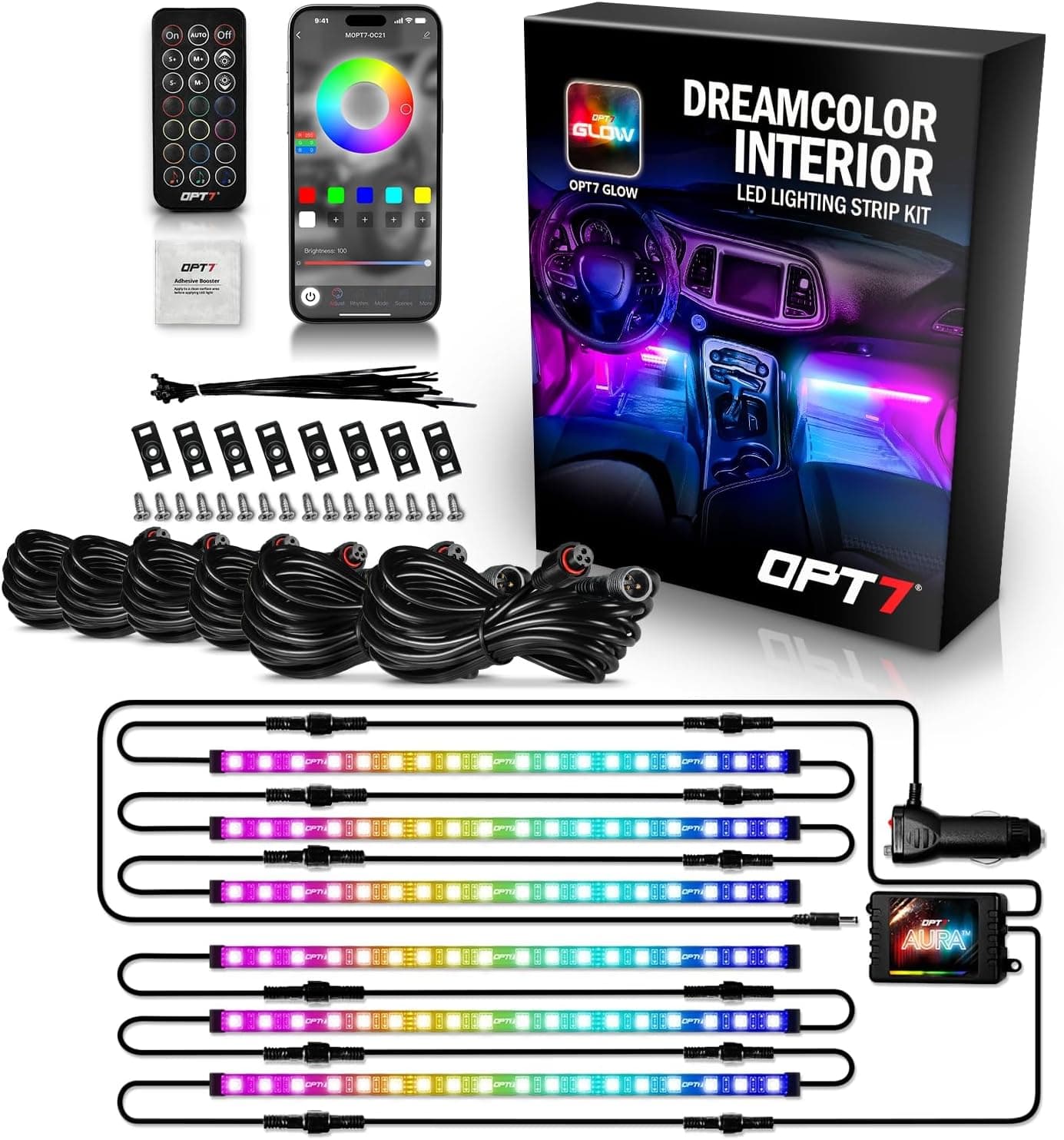 OPT7 Aura DreamColor RGB-IC Car Interior Ambient Light Kit - 6PC LED Strips with APP & Remote Control