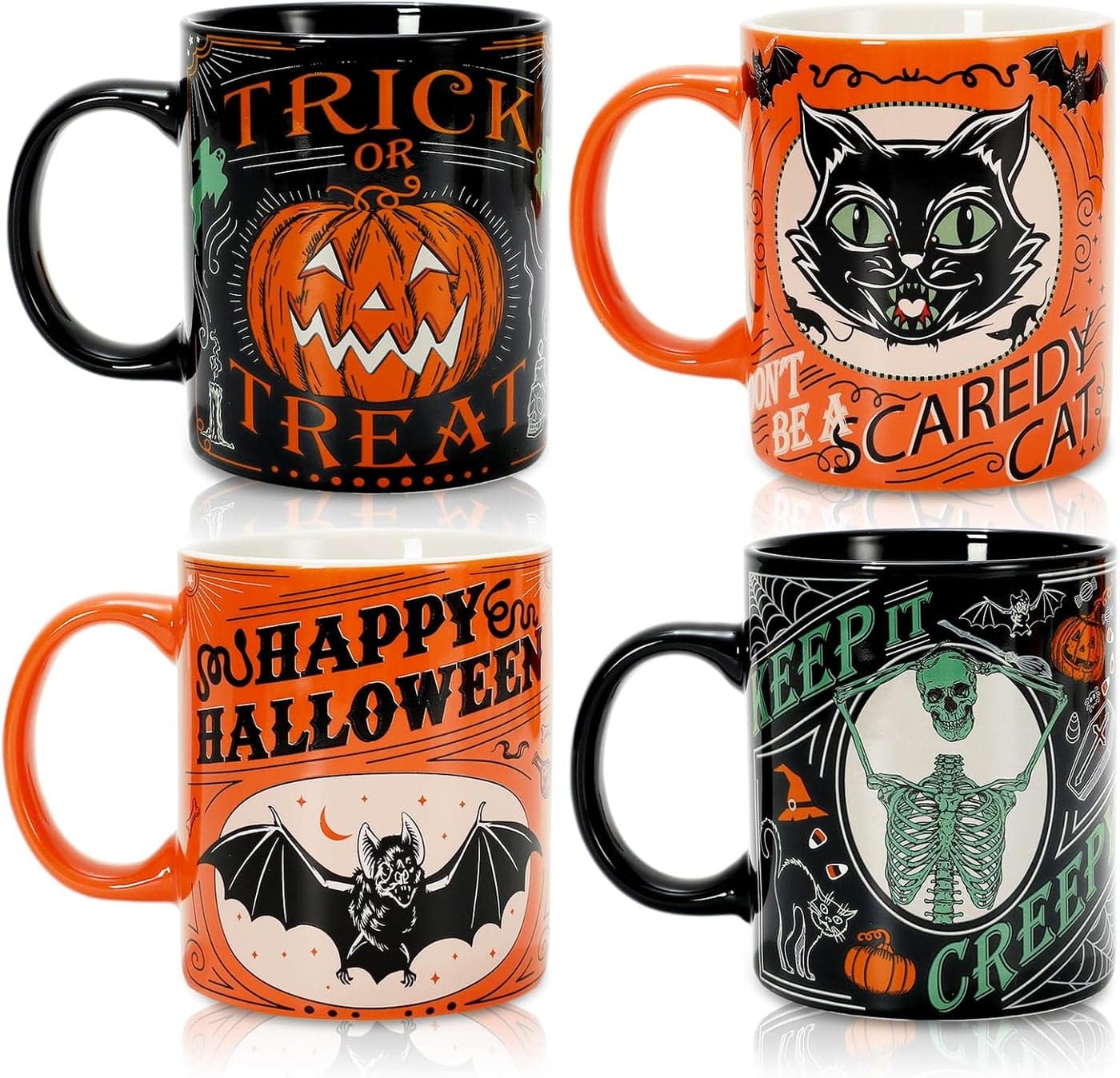 Whaline 4Pcs Halloween Mug Pumpkin Black Cat Bat Skeleton Coffee Mug Orange Black Ceramic Drinking Mugs for Halloween Party Supplies Table Centerpieces 12oz