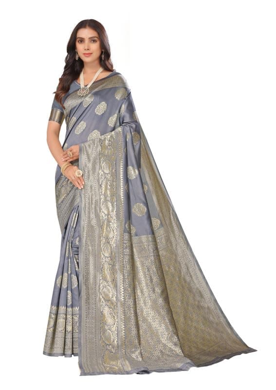 leeza store Banarasi Silk Saree for Women | Grey Soft Silk Saree with Rich Pallu & Blouse Piece for Festive, Wedding Reception Wear