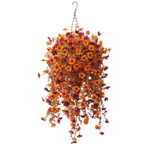 Fall Artificial Fake Mums Hanging Flowers Plants Basket for Outdoor Decoration,Faux Silk Daisy planters UV Resistant Look Real for Home Porch Patio Balcony Yard Autumn Decor (Orange Brown)