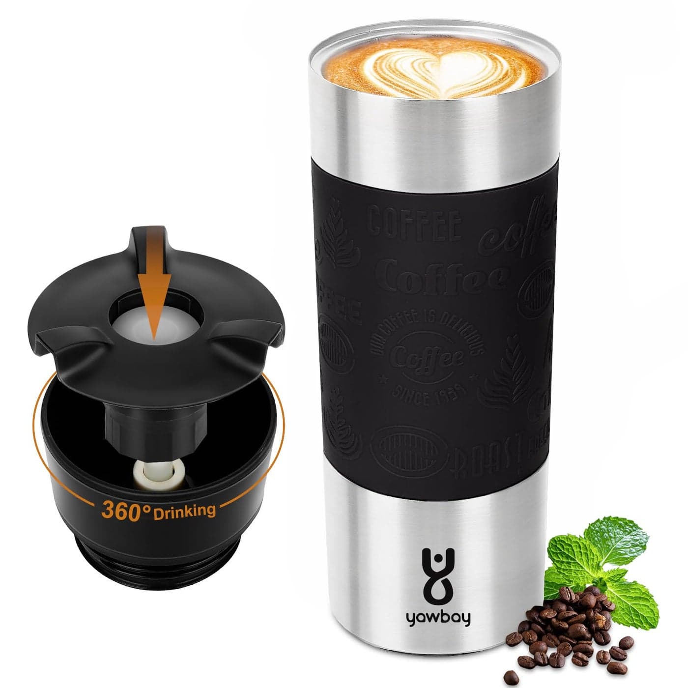 Yawbay Travel Coffee Mug with 360Lid Travel Coffee Tumbler 16 oz Leak Proof Stainless Steel Insulated Travel Mugs for Hot and Cold Spill Proof Leak ProofBlack