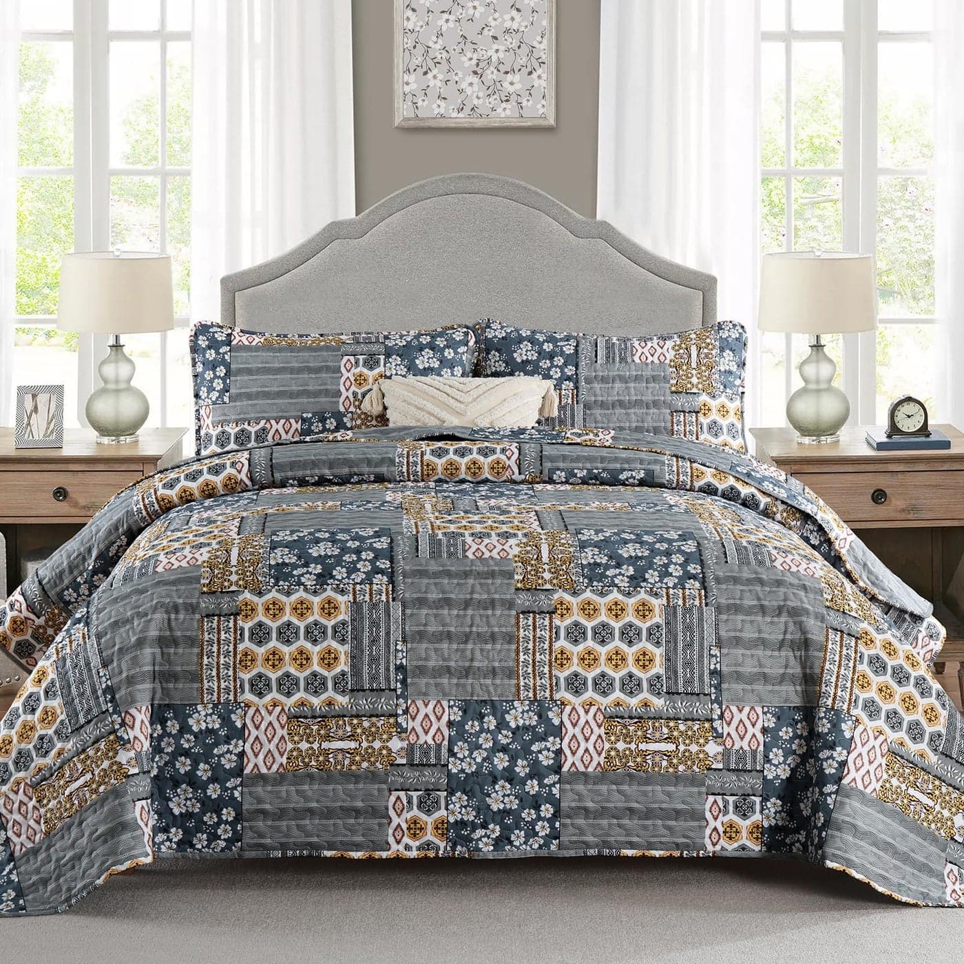 Mybedsoul Dark Grey Quilt Set King Size 3 Pieces Plaid Floral Bedspread Set Patchwork Reversible Bedding Set Microfiber Lightweight Bedspread Coverlet Set for All Season 110x90