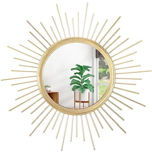 HLFMVWE Gold Mirrors for Wall Sunburst Decor Art Mirror Bohemian Home Round Modern Metal Mirror for Bedroom Living Room Hallway Bathroom Balcony Farmhouse Entrance Small