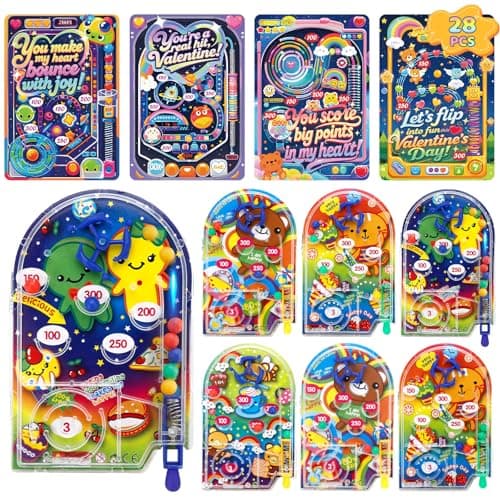 AUUGUU 28 Valentines Day Cards with Handheld Pinball Game Classroom Exchange Arcade Toy Set for Kids Fun Interactive Mini Pinball Toys with Pun Cards School Party Favor