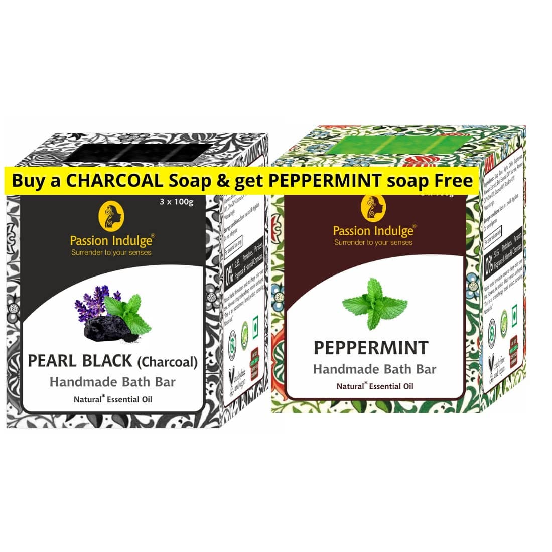Passion Indulge Handmade Soaps Natural Pearl Black Bath Bar Charcoal and Peppermint Combo Pack For Glowing Skin Deep Cleansing All Women Men Pack OF 6