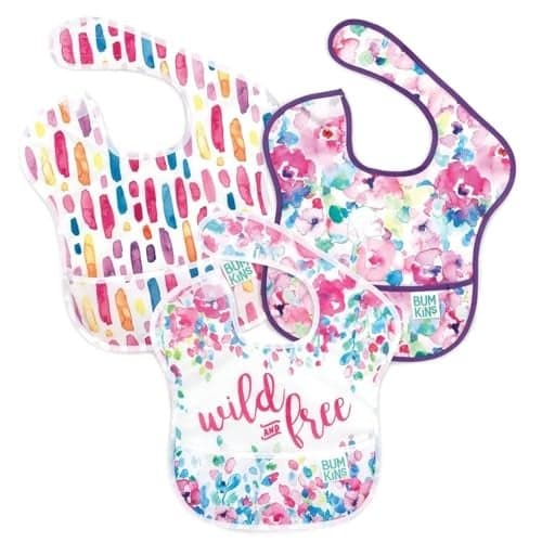 Bumkins Bibs for Girl or Boy, SuperBib Baby and Toddler for 6-24 Months, Essential Must Have for Eating, Feeding, Baby Led Weaning Supplies, Mess Saving Catch Food, Fabric 3-pk Wild and Free