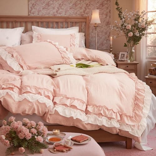 Bedorm Ruffle Duvet Cover King Coquette Bedding Ultra Soft Breathable Shabby Chic Bedding Pink Ruffled Duvet Cover Set Cute Comforter Cover