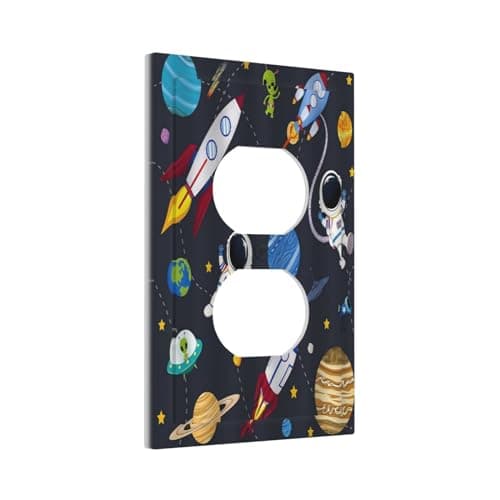 Wpshijia Rocket Planets Astronaut Blue Decorative 1 Gang Single Duplex Light Switch Plate Outlet Cover Decorative Wall Plate Switchplate Electrical Faceplate for Nursery Kidsroom Bedroom Decor