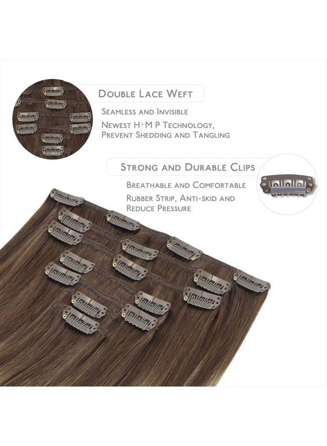 WENNALIFE Clip in Hair Extensions, 14 Inch 120g 7pcs Balayage Chocolate Brown to Honey Blonde Hair Extensions Clip in Human Hair Remy Clip in Hair Extensions Real Human Hair Double Weft