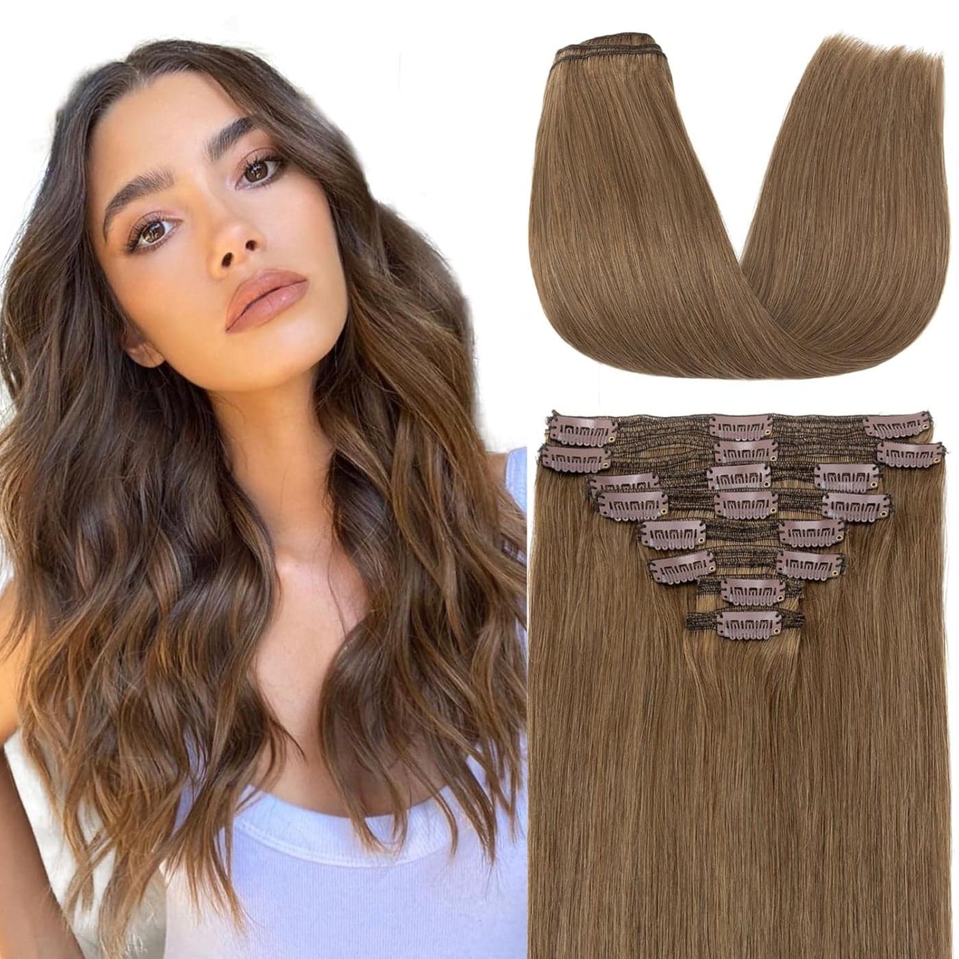 s-noilite Clip in Human Hair Extensions 100% Real Remy Thick True Double Weft Full Head 8 Pieces 18 clips Straight silky (20 inch - 150g,Light Brown (#6))