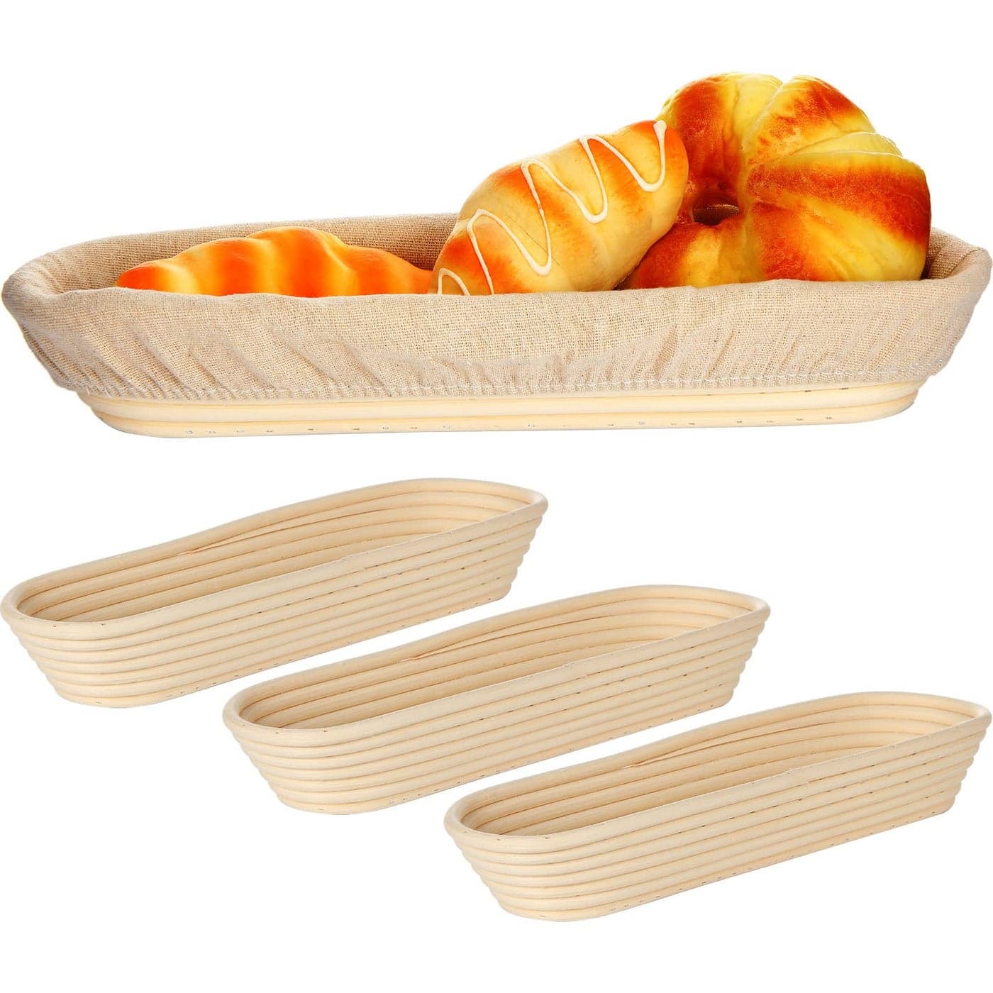 4 Pieces 138 Inch Banneton Bread Proofing Basket Oval Long Bread Proofing Basket Banneton Basket Dough Proofing Basket with Liners and Scatters for Home Sourdough Bread Baking
