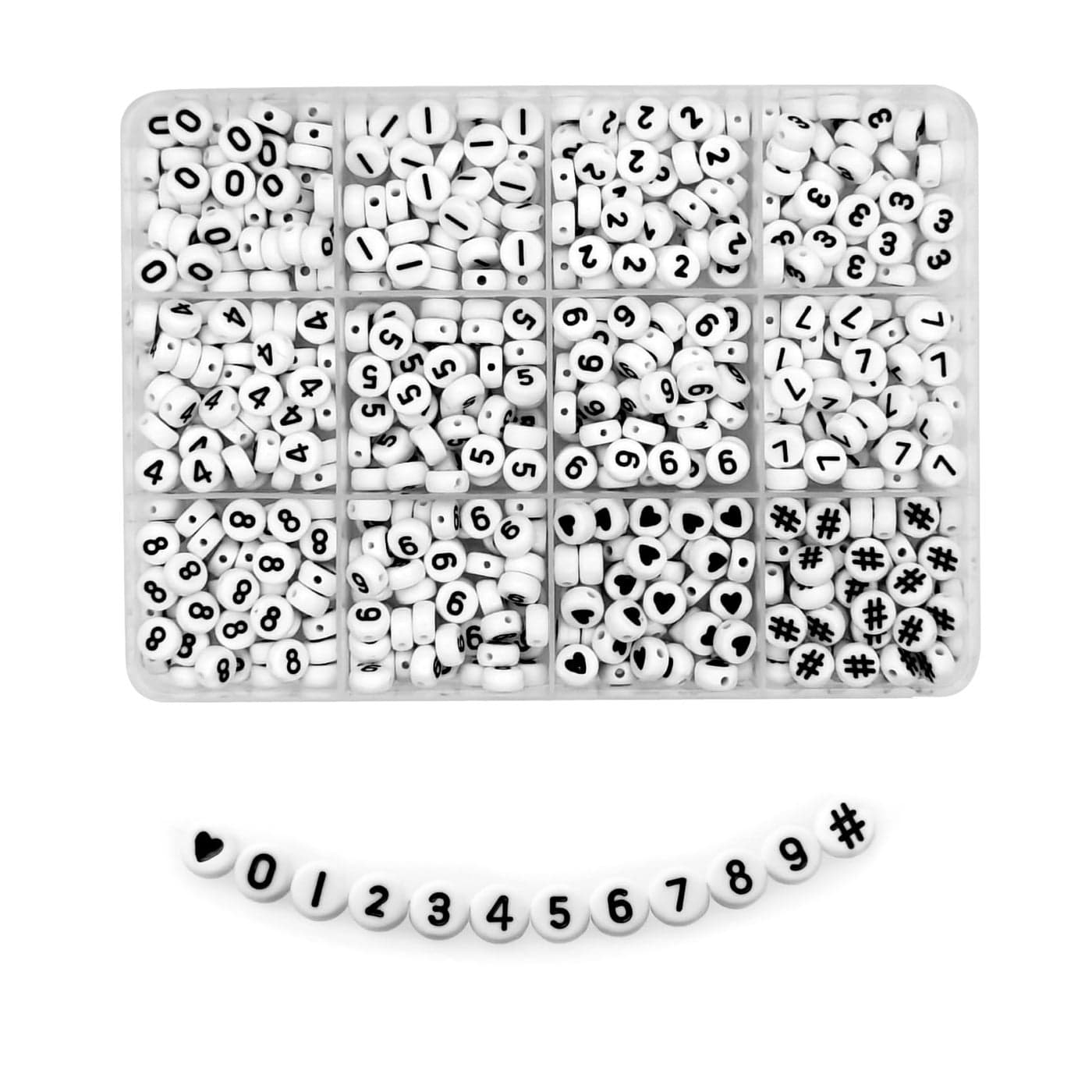 Amaney 600pcs Number Beads 09 Symbol Heart Beads 7x4mm White Acrylic Beads with Storage Box