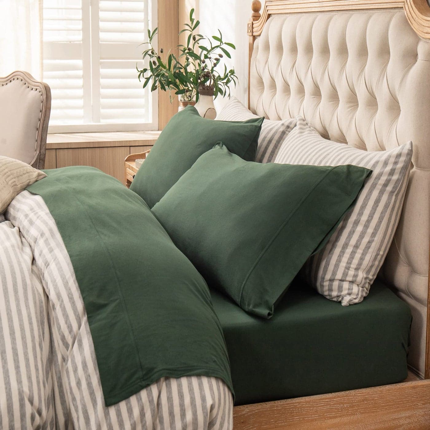 PURE ERA Jersey Knit 4pc Bed Sheet Set 100 TShirt Cotton Super Soft Comfy Breathable Fits Mattress Up to 20 Extra Deep Pocket Solid Forest Green King