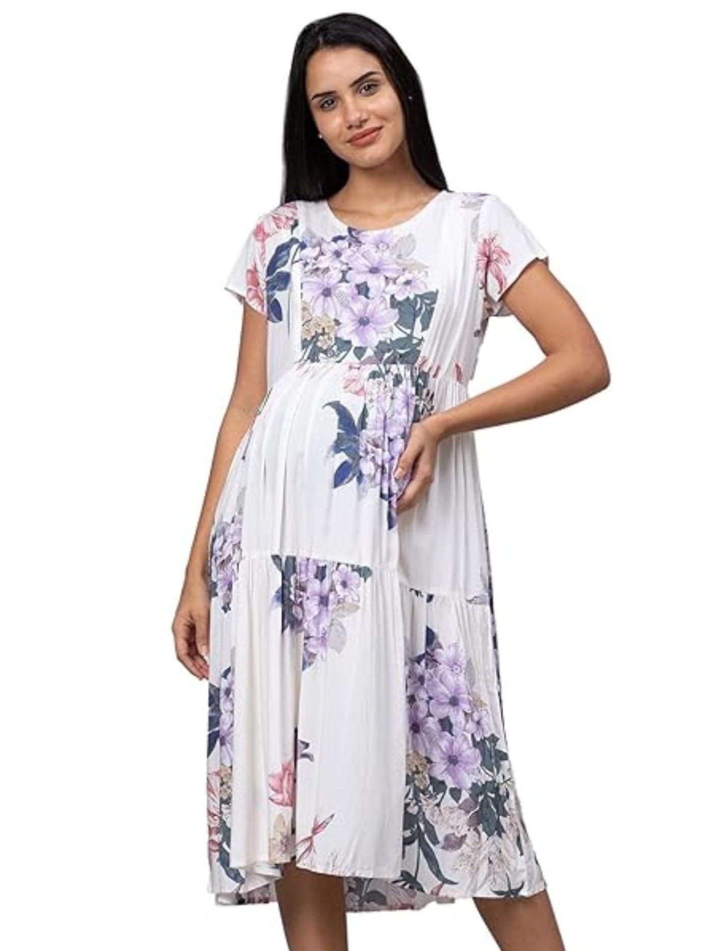 AV2 Womens Viscose Maternity | Nursing |Feeding | Breast Feeding Fit & Flare Calf Length Dress with Zippers for Post Pregnancy(5124_Off White_XL)