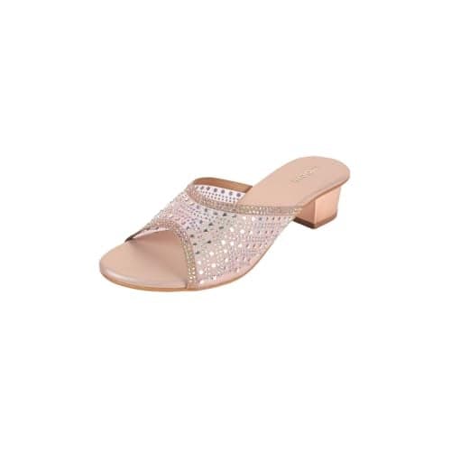 Mochi Women Rose Gold Open Faux Leather Embellished Ethnic Slip-on Heel Sandal UK/7 EU/40 (35-1631)