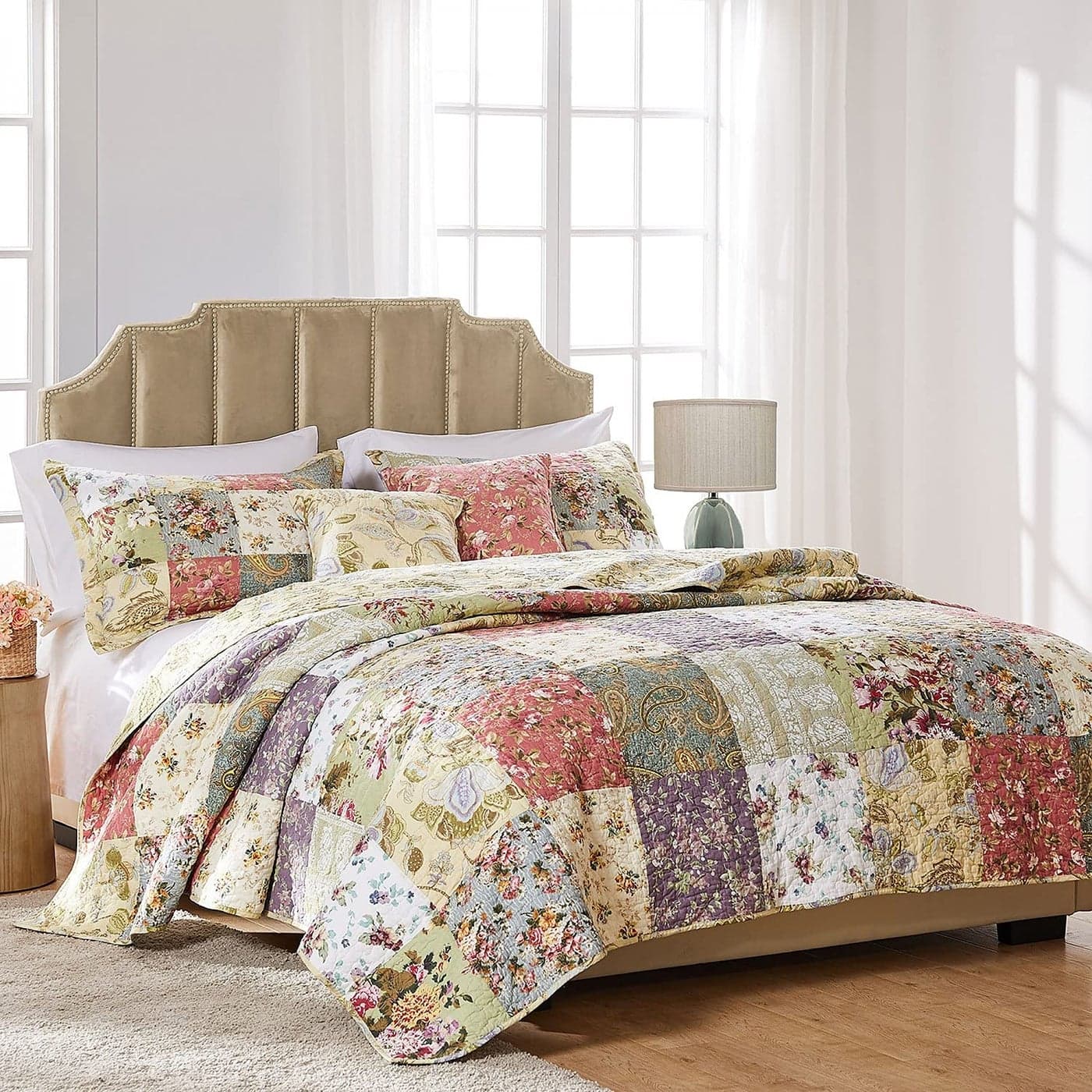 Greenland Home Blooming Prairie 100 Cotton Authentic Patchwork Reversible Quilt Set 5Piece KingCal King