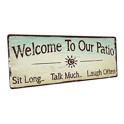 Homebody Accents - "Welcome to our patio" Metal Sign, 6x16 in Rustic Porch Decor Wall Art, Durable Metal for Outdoor Patio Decor, Made in USA