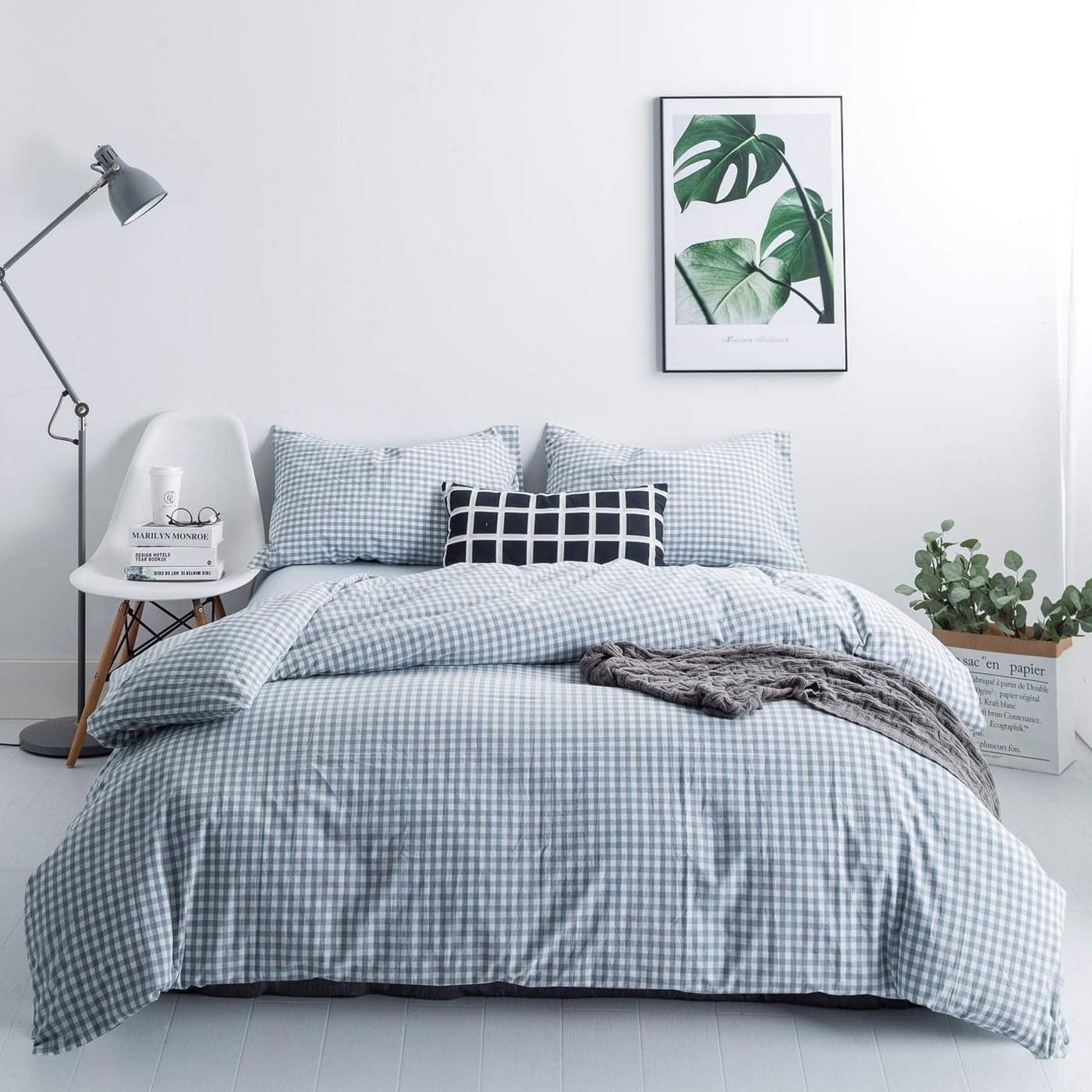 SUSYBAO Light Blue Gingham Duvet Cover Queen 100 Washed Cotton Blue Plaid Duvet Cover Set 3 Pieces 1 Blue Grid Duvet Cover with Zipper Ties 2 Pillow Cases Luxury Gingham Plaid Bedding Set Breathable