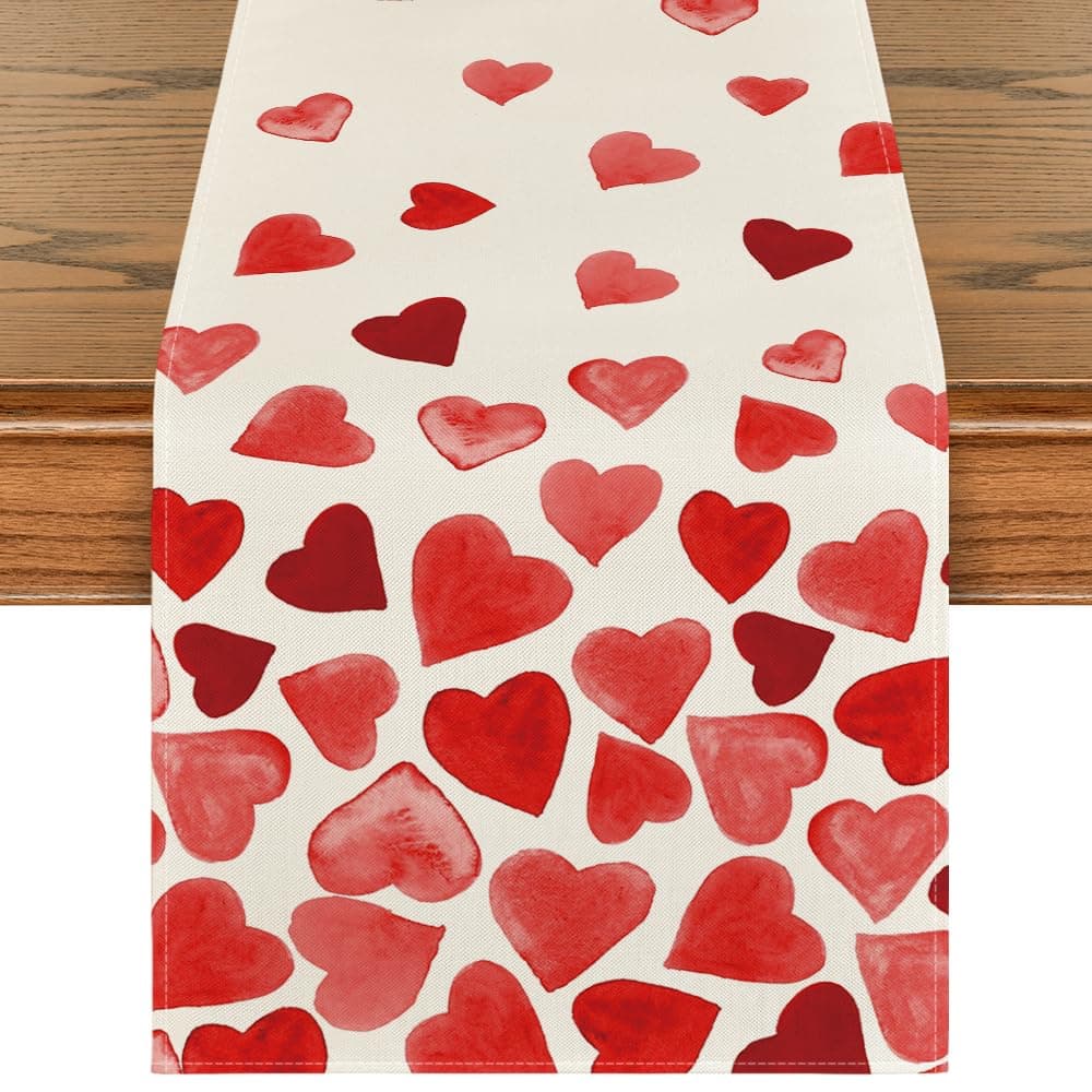 Artoid Mode Red Heart Valentines Day Table Runner Seasonal Anniversary Wedding Kitchen Dining Table Decoration for Home Party Decor 13x72 Inch