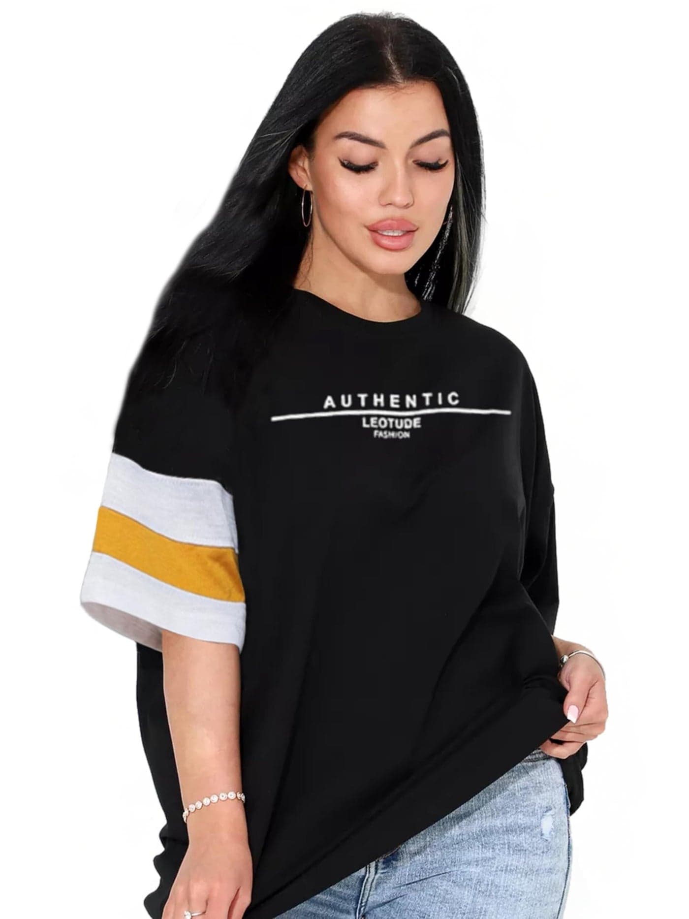 LEOTUDE Oversized Cottonblend Round Neck Women's T-Shirts (SP-600P3OCO23VQ50US_Black White_3XL)