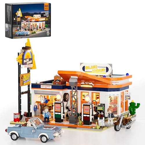 FUNWHOLE City GasStation LightingBuildingBricks Set Road Trip Modular Car Service Station Collection LED Light Building Set 1608 Pcs for Adults Teen and Travelling Enthusiasts