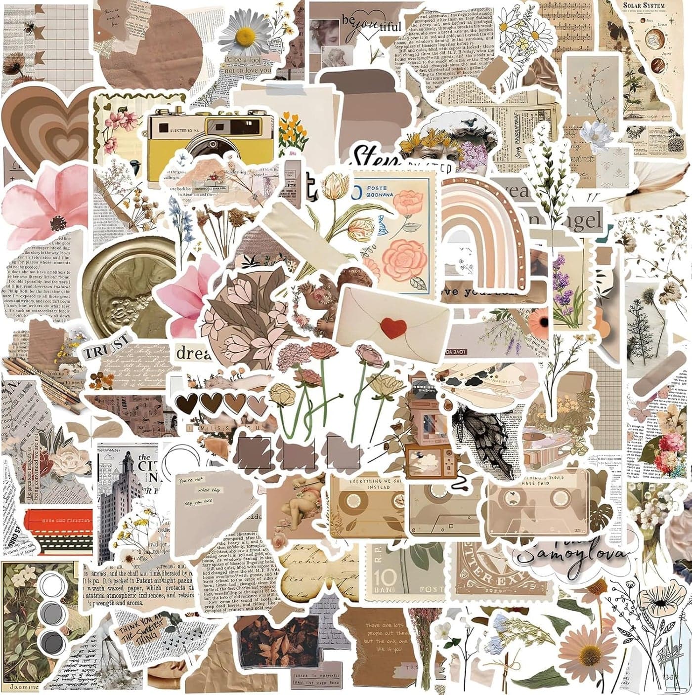Titu Ki Baatein 50 Pcs Vintage Self Adhesive Waterproof Scrapbook Aesthetic Sticker Daily Planner Water Bottles Handbook Junk Diary Stickers Scrapbooking Supplies for DIY Paper Crafts 25 x 3cm