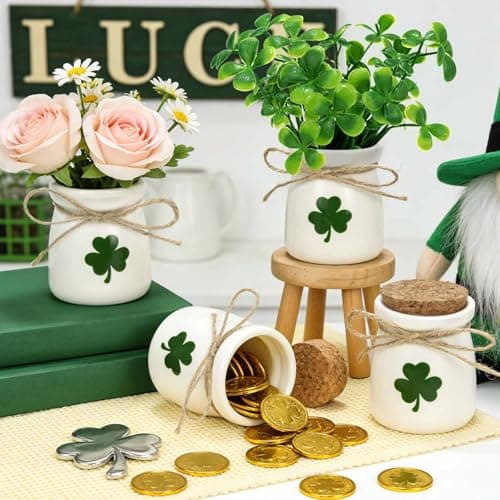 St Patricks Day Decorations-4pcs St.Patrick's Day Ceramic Mini Jars with 12Pcs Artificial Shamrock -Mini Jar for St Patricks Day Home Kitchen Table, Tiered Tray Decoration