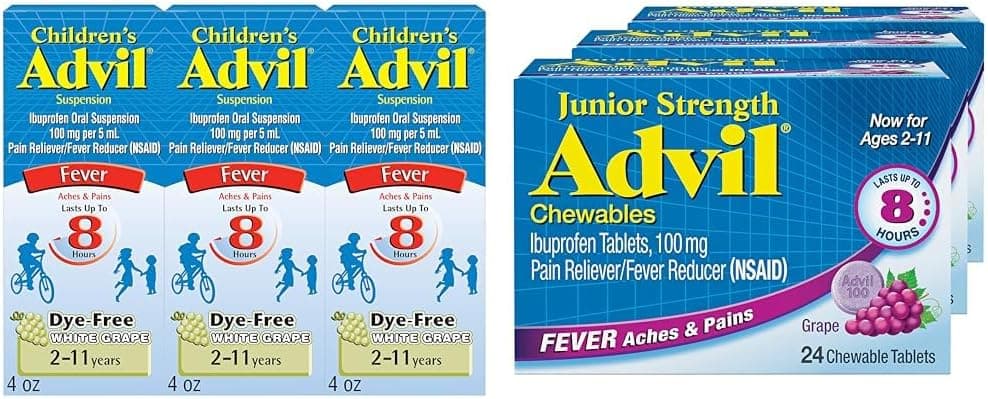 Advil Childrens Pain Reliever and Fever Reducer Dye Free Liquid Ibuprofen for Children Pack of 3 and Advil Junior Strength Chewable Ibuprofen Pain Reliever and Fever Reducer Grape Flavored Tablets for Children Pack of 3